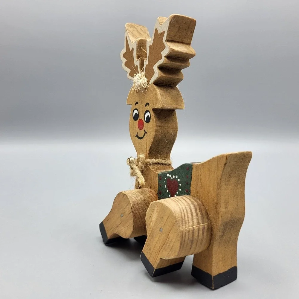 Vintage Wooden Red Nose Reindeer Figurine Holiday Decor Small Rustic Folk Art